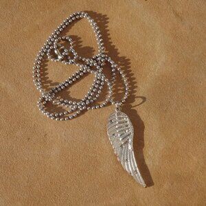 Silver Tone Bejeweled Angel Wing Necklace w/ 35" Ball Chain